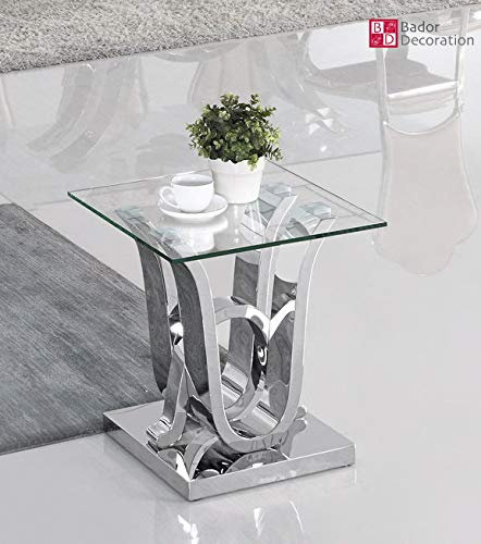 Bador Mesa auxiliar de diseño, acero inoxidable y cristal, brillante