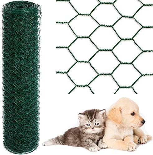 25M Length 60cm Width Wire Mesh Fencing Green PVC Coated Galvanised Chicken Wire Fence Hot-dipped Hexagonal Aviary Rabbit Pet Steel Metal Garden Netting Fence Lightweight Chicken Run Wire Mesh Roll