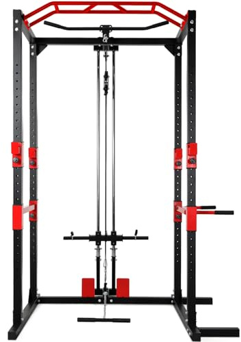 ISE Cage de Musculation Power Rack Cage Squat, Station de Musculation, Barre de Traction et Dips, Barre Multi-Prises et Maintien des Jambes Réglable, Cage Musculation Acier, Rack Musculation