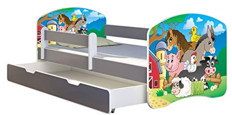 ACMA Kinderbett Jugendbett mit Einer Schublade und Matratze Grau mit Rausfallschutz Lattenrost II (34 Farm, 180x80 + Bettkasten)
