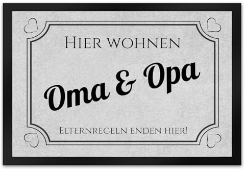 trendaffe - Hier wohnen Opa und Oma Fußmatte XL in 40x60 cm - Elternregeln Enden Hier in grau mit Herz die Omi und Opa Schmutzfangmatte als Geschenkidee für die liebsten Menschen auf der Welt