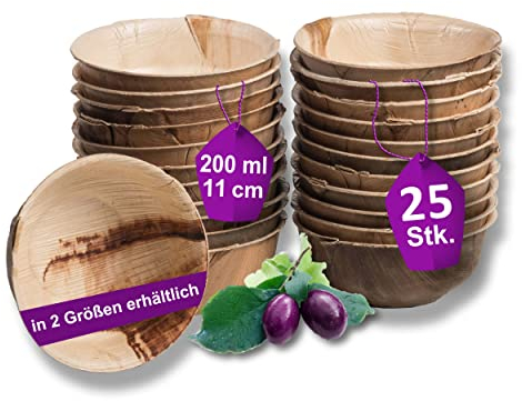 Waipur Bio Palmblatt Schalen - 25 Schälchen Ø 11 cm / 200 ml - Premium Einweg Geschirr kompostierbar - Dessertschalen ähnl. Bambus-Schalen