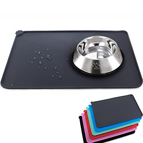 SUOXU Pet Feeding Mat,Waterproof & Non Slip Silicone Bowl Mat,for Dog Feeding Bowl and Water Bowls Pet Food Mat for Medium and Large Dogs(54x38cm, Black)