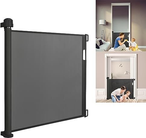YRHome Rejilla de protección para puerta, estor de 0 a 150 cm, rejilla de protección para escaleras, puerta retráctil para perros y bebés, extensible (150 cm), color negro
