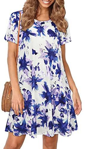 Abito estivo da donna, per la spiaggia, stile casual, taglio ampio, fluente, maniche corte, tasche, prendisole, S