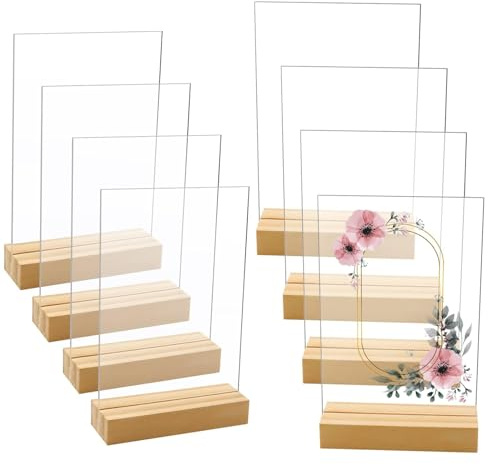 Newbested 8 Stück 12,7 x 17,8 cm blanko transparente Acryl-Tischdekorationen mit Holzständern – ideal für selbstgemachte Namenskarten, Menünummern und Veranstaltungsparty-Dekorationen (einlagig)
