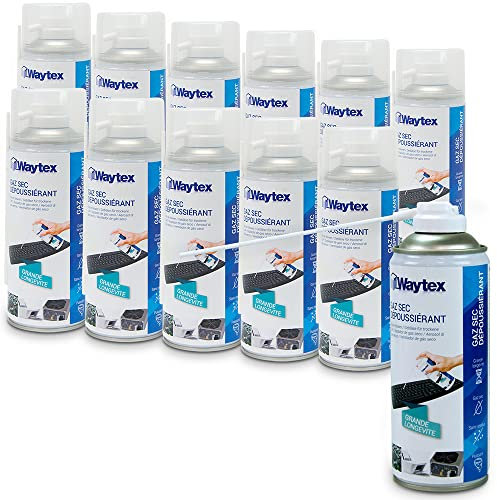 Waytex A73657C12 Gaz dépoussiérant puissant pour ordinateur, clavier, matériel informatique et grilles d'aération avec Prolongateur Lot de 12 bombes de 400 ml