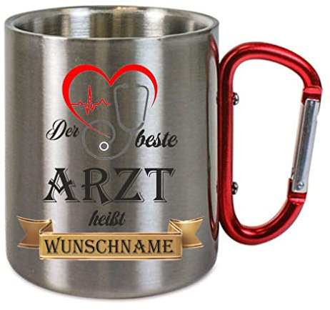 Crealuxe Edelstahltasse mit Karabiner - Der Beste Arzt heißt Wunschname - 330ml, Tasse personalisiert, Kaffeetasse, Bürotasse, Metalltasse mit Name