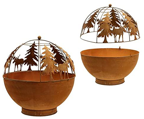 Grosse Feuerkugel Feuerschale Wald im Rost Design - Rostfigur, Feuerkorb, Gartendeko, Metalldeko