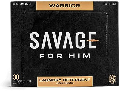 Savage for Him Fogli per detersivo per bucato, senza brocca di plastica, compatti e adatti ai viaggi, profumo di guerriero, 30 fogli (60 lavaggi)