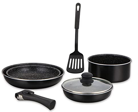 Herzberg - Batterie de cuisine revêtement pierre avec manche amovible 7 pièces noir HG8090-7-BK