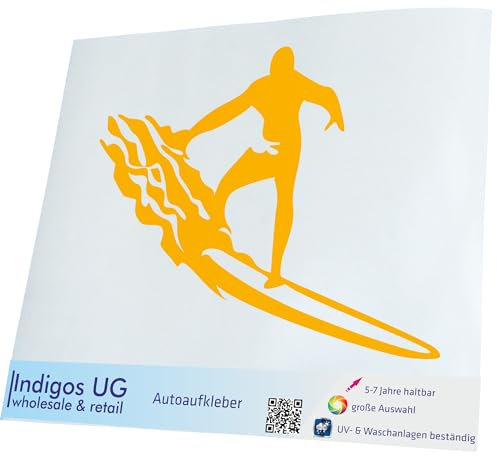 INDIGOS UG Auto Aufkleber Surfer Mann - gelb - 300x222 - konturgeschnittener Autoaufkleber ohne Hintergrund - Selbstklebender Sticker für Auto, Fenster, Bus oder LKW - UV-beständig & wetterfest