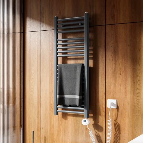 Heilmetz Badheizkörper Elektrisch 1000x400mm Handtuchheizkörper Elektrisch mit Thermostat 300W Seitenanschluss Anthrazit | Gerade Badheizkörper mit Timer+Temperaturregler+Thermostat+LCD-Displays