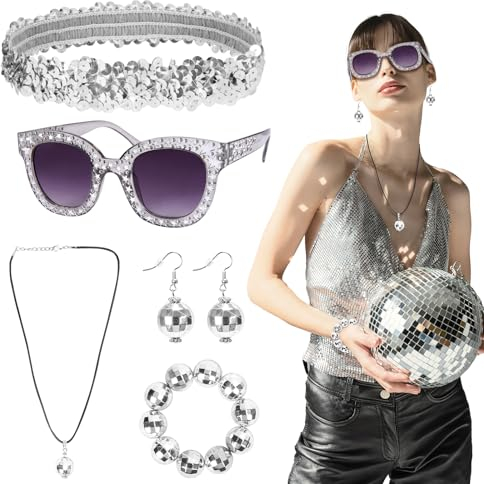 LOHAME 6 Stück Disco Accessoires 70er jahre Kostümzubehör 80er Damen Glitzer Schmuck 1970s Retro Party Zubehör Frauen Pailletten Stirnband Discokugel Ohrringe Armband Halskette Strass Sonnenbrille