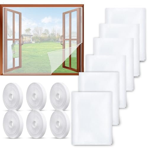 6 Pezzi Zanzariera per Finestra, 130x150CM Rete Zanzariera Regolabile Zanzariere per Finestra Anti-Zanzariera con 6 Rotoli Nastri Adesivi, Nessuna Perforazione(Bianco-6)