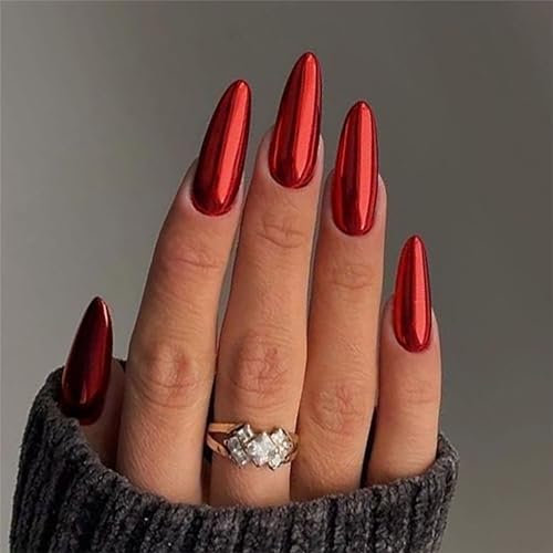 Chrome Almond Press on Nails Short Medium, Mirror Metal Plating False Acrylic Nails Press Ons,Metallic Fake Nails Medium Length Gloss Stick on Nails for Women (Red)