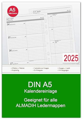 A5 Kalendereinlage 2025 für ALMADIH Ledermappen 1 Woche auf 2 Seiten: A5 Organizer Terminplaner Kalender Einlagen Wochen Zeitplaner Jahresplan Time-Planer Work 4 sprachig (A5 Ersatz 2025)