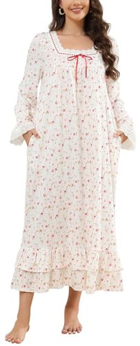 Women's Vintage Flroal Nightgown Knit Long Sleeve Smocked Chest Long House Dress with Pockets (Vintage Rose, L)