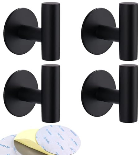 GULINO Colgadores Adhesivos Resistentes 4 Piezas, Acero Inoxidable, Colgador toalla baño adhesivo, Sin Taladro, Gancho Adhesivo pared, colgador baño y cocina, percha baño (4 Piezas Negro)