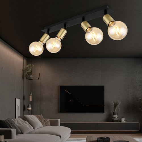 GLOBO Ceiling Light Black 3-Bulb Ceiling Spotlight Moveable Ceiling Light Living Room Metal Antique Brass 4x E27 L x H 50 x 12 cm