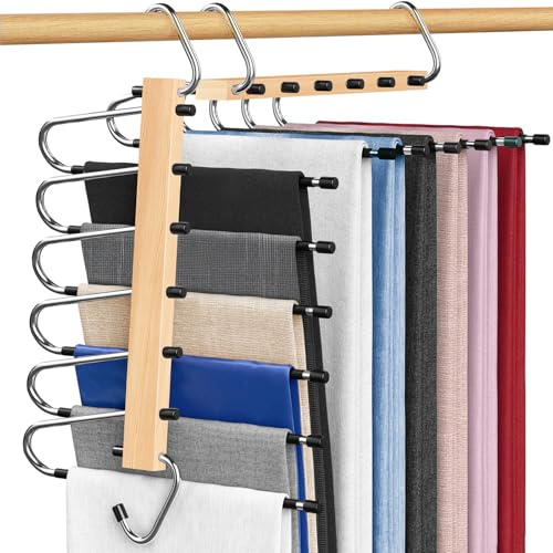 YUNLEX 2 Pack 6 in 1 Trouser Hangers Space Saving Wooden Pants Rack | Non-slip Foldable Design, fits Jeans, Leggings & Scarves, Multifunctional Closet Organizer for Wardrobe Storage