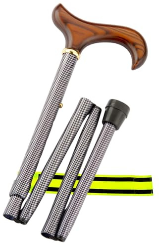 Gastrock Faltstock 4-TLG Derby-Griff + Olanmarp Klettarmband | Gehstock klappbar, höhenverstellbar 76–86 cm, leicht & kompakt, Derby-Holzgriff, bis 100 kg belastbar