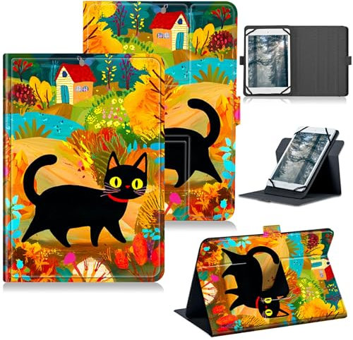 RWUTYTIUL Walmart Onn 2024 (Modèle: 100135924) Étui de protection universel pour tablette avec support rotatif à 360 degrés avec étui en similicuir multi-visions, chat noir en