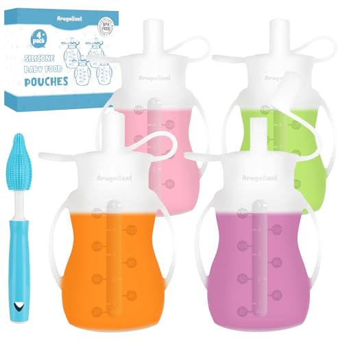 Pochettes Alimentaires Bébé Silicone, 4 Pochettes à Presser Réutilisables pour Tout-Petits, 150 ML Gourdes à Compote pour Les Tout-Petits et les Enfants, Jus, Smoothies et Yaourts Biologiques Faits M