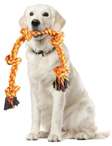 JWPET Indestructible Dog Rope Toy – 95cm Heavy-Duty Chew Toy for Large & Medium Dogs - 5 Knots Tug of War Toy for Teeth Cleaning - Safe 100% Cotton Interactive Dog Toy (B Color)