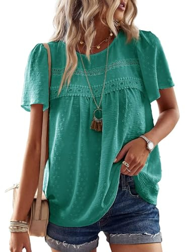 TUUHAW Femme Chemisier Boho Blouse Manches Courtes Col Rond Tunique Fluide | Dentelle T-Shirt, Décontracté Tops, Chemise Chic et Élégant, Été Fluide Hauts, Confortable T-Shirt, Vacances Formel Blouse