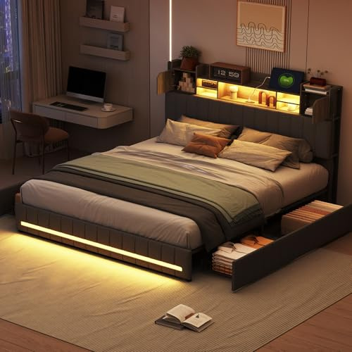 BRILVERDE Polsterbett 140x200 mit Stauraum, Doppelbett mit LED und USB, Jugendbett mit 4 Schubladen, Bettgestell mit Kopfteil und Lattenrost, Leinen (Grau, 140 x 200 cm)