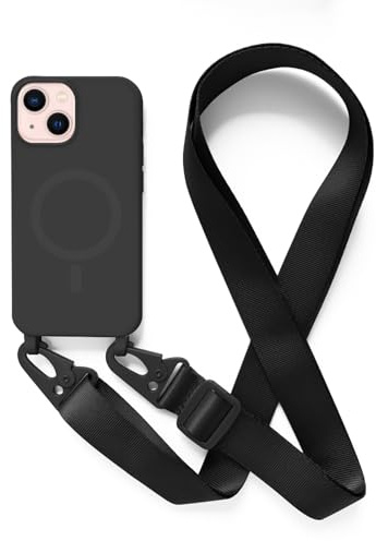 Jiyu Funda Magnética para iPhone 13 Mini 5.4 Silicona Carcasă con Cuerda Compatible con MagSafe Ajustable Colgante Collar Correa de Cuello Cadena Cordón Fundas Cover Case,Negro