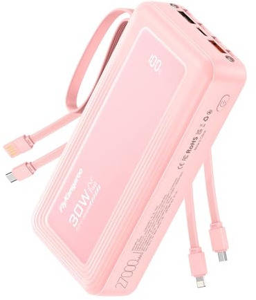 FlyKangaroo Powerbank 27000mAh mit 4 integrierten Kabel, 30W Power Bank USB C Schnellladefunktion mit LED Display, Externe Handyakkus für iPhone 17/16/15/14/13/12/11 iPad Samsung Galaxy