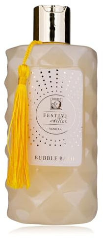 Accentra Schaumbad FESTIVE EDITION Badeschaum, Duschschaum, Duschgel in Flasche mit gelber Deko-Quaste, 330ml, Duft: Vanille, Geschenk für Frauen, Weihnachten