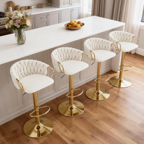 Relbiety Lot de 4 Tabourets de Bar en Velours avec Pieds Dorés,Chaise de Bar avec Dossier Tabourets Pivotant à 360° Hauteur Réglable,Crème Blanc