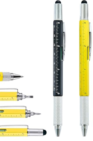 RLMVGBX 6 in 1 Multi Tool Pen, 2 Pcs, Aluminium, Black and Yellow | Aluminium ballpoint pens with stylus, ruler, spirit level and screwdriver tips for desk, workshop and household tasks