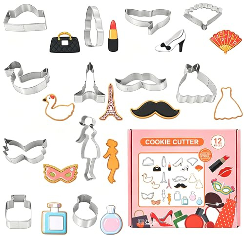 Consnew 12 Pcs Makeup Cookie Cutters Set, Stainless Steel Ladies/Women Themed Biscuit Molds with High Heel, Handbag, Lipstick, Perfume Bottle, Reusable Baking Tools for Girls Bridal Showers Party