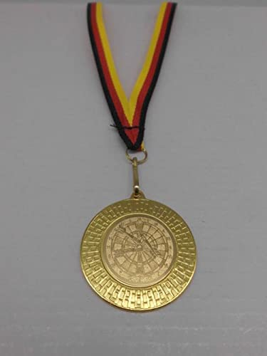 Dart 10 Stück Medaillen - aus Stahl 40mm - mit einem Emblem, 25 mm - Darts - Logo - inkl. Medaillen Band - Farbe: Gold - Turnier - (9285)