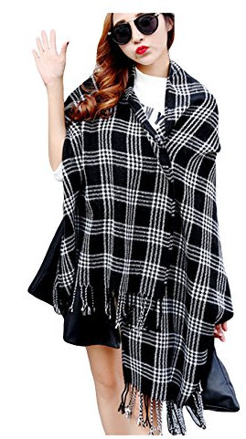 Bestgift Femme Foulard avec Houppe à Carreaux petites Noir+Blanc Taille Unique