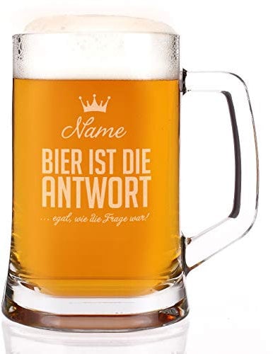 Herz & Heim® Bierkrug mit Gravur des Namens und dem Spruch Bier ist die Antwort