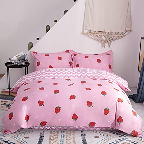 Morbuy Bettwäsche 135x200 3teilig, Mädchen Rosa Aesthetic Bettwäsche-Sets Mikrofaser Bettbezug mit 2 Kissenbezug Kawaii Kinder Bettwäsche mit Reißverschluss (135x200 cm, Rosa Erdbeeren)