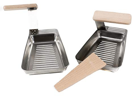 BBQ 2 Grill-Pfannen, Heber mit Holz-Griff, Holz-Spatel, Edelstahl, Gemüsekorb für kleineres Grillgut, ca. 17,8 x 11,5 x 2 cm