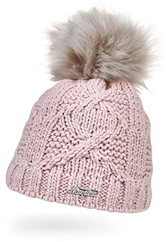 Neverless® Damen Strick-Mütze gefüttert Fleecefutter Fell-Bommel Kunstfell Winter-Mütze Zopfstrick Bommelmütze rosa Unisize
