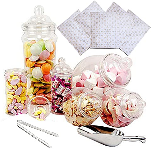 Purple Square 6 Jar Retro Pick & Mix Victorian Sweet Shop Candy Buffet Kit Party Pack with Scoop, Tongs & Bags - Gold Stars