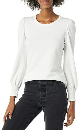 Amazon Essentials Women's Long-Sleeve Crewneck Smocked Cuff T-Shirt, White, S