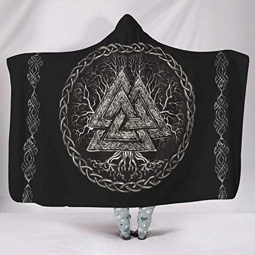 YEOL Weich Mit Kapuze Decken Nordisch Wikinger Valknut Yggdrasil Baum des Lebens Keltisch Knoten Mythologie Druck Sherpa Gemütlich Kuscheldecken Stuhl 130x150cm