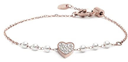 Bracciale da donna in acciaio e pvd oro rosa cuore con cristalli e perle di Marlù, 15BR067R-W