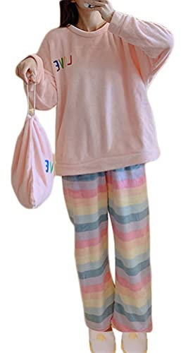 Minetom Femme Pyjama Ensemble Hiver Manche Longue Chaud Doux Flanelle Polaire Vêtements de Nuit Intérieur Deux Pièces Tops et Pantalon K Rose 44