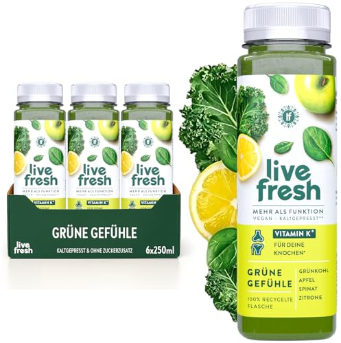 LiveFresh Vitamin K Saft – Grüne Gefühle – 6x250ml – Mit Spirulina und Moringa – Vegane Säfte ohne Zuckerzusatz