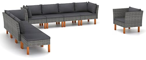 vidaXL Eukalyptusholz Gartenmöbel 9-TLG. Sitzgruppe Sofa Lounge Garten Garnitur Gartenset Gartensofa Ecksofa Mittelsofa Fußhocker Poly Rattan Grau